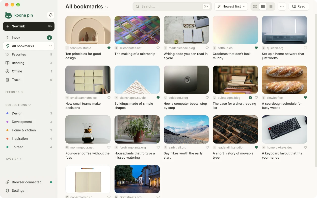 The Koona Pin library in a compact grid, with Inbox, All bookmarks, Favorites, Reading, Trash, feeds, collections and tags in the sidebar