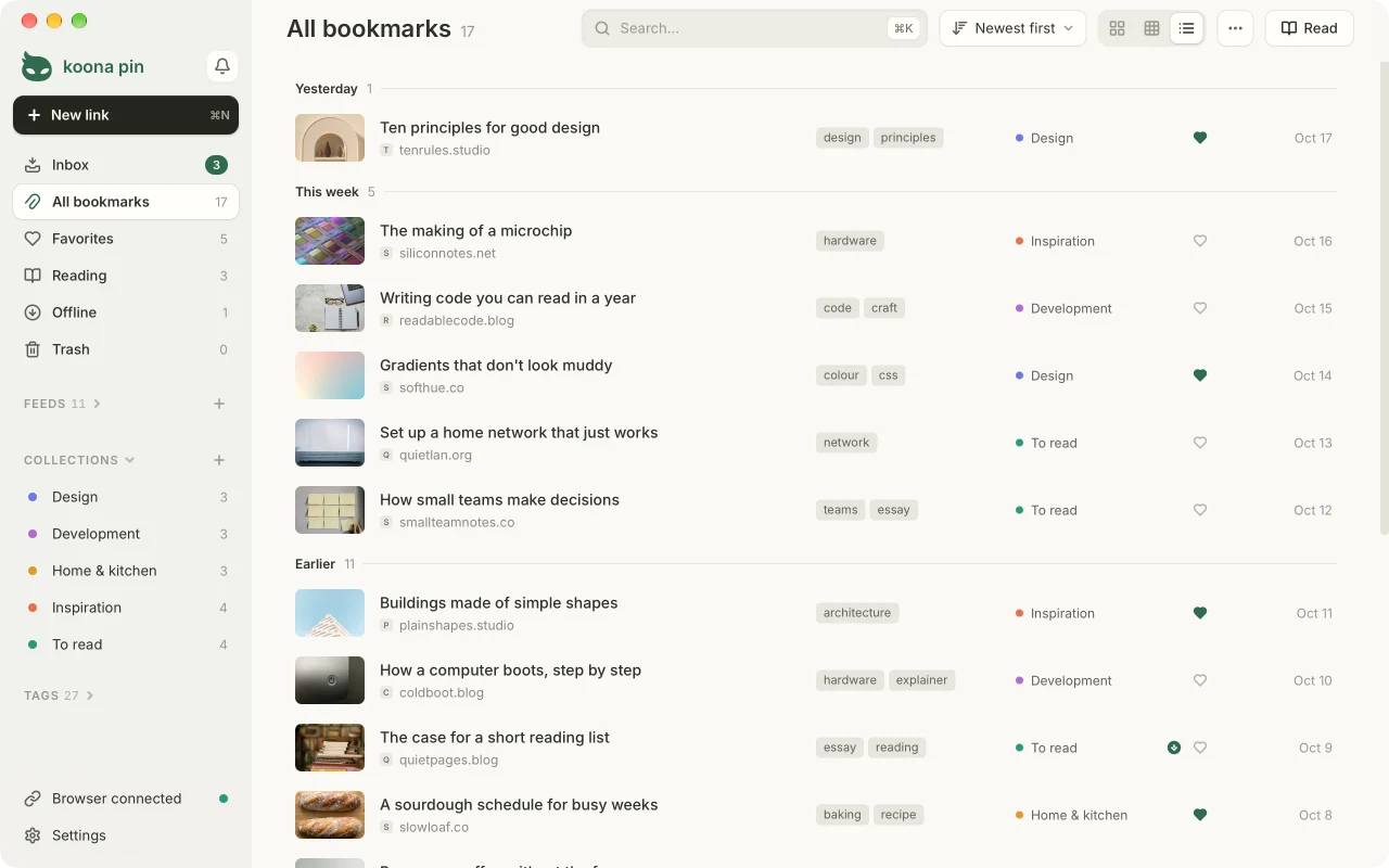 Koona Pin in list view, with date headings, tags, collections and hearts