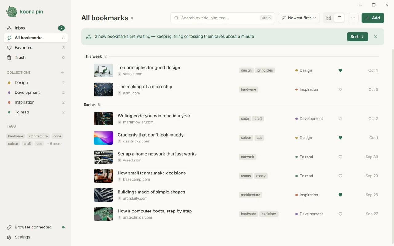 The same library as a list grouped by date, with tags, collections and dates.