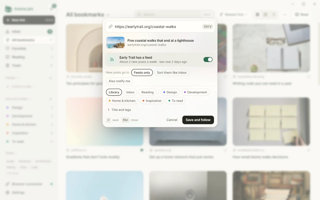 New link with an address pasted: the page’s picture and title, the site’s feed with the Follow switch on, where new posts go, and the collections to save into