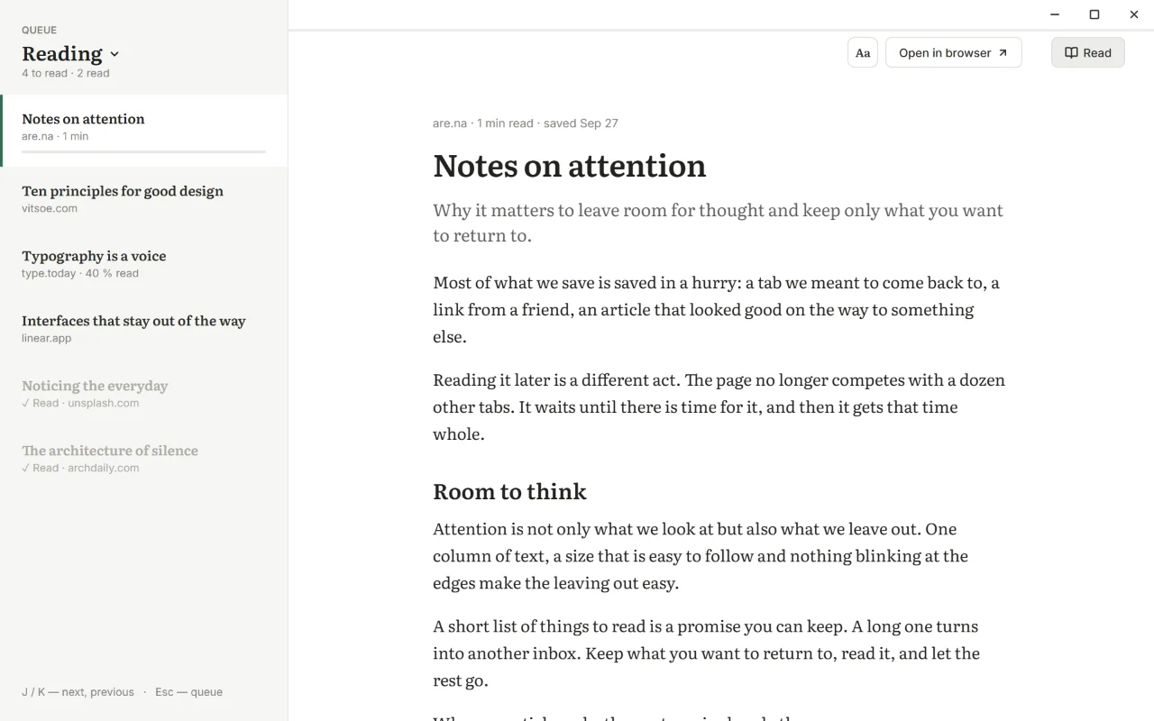 Reading mode: the Reading queue on the left, an article in one serif column on the right.