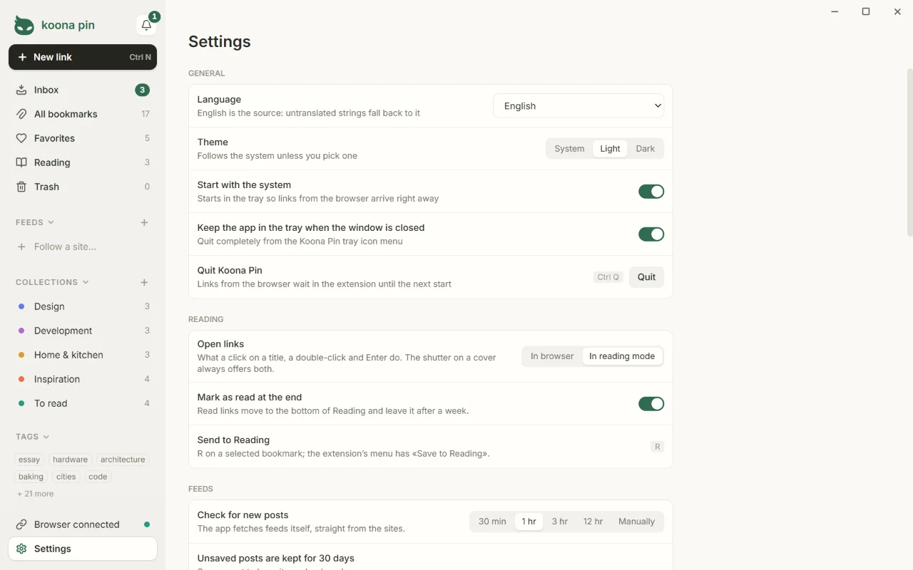 Settings: General with language, theme, start with the system, the tray switch and Quit, then Reading and Feeds